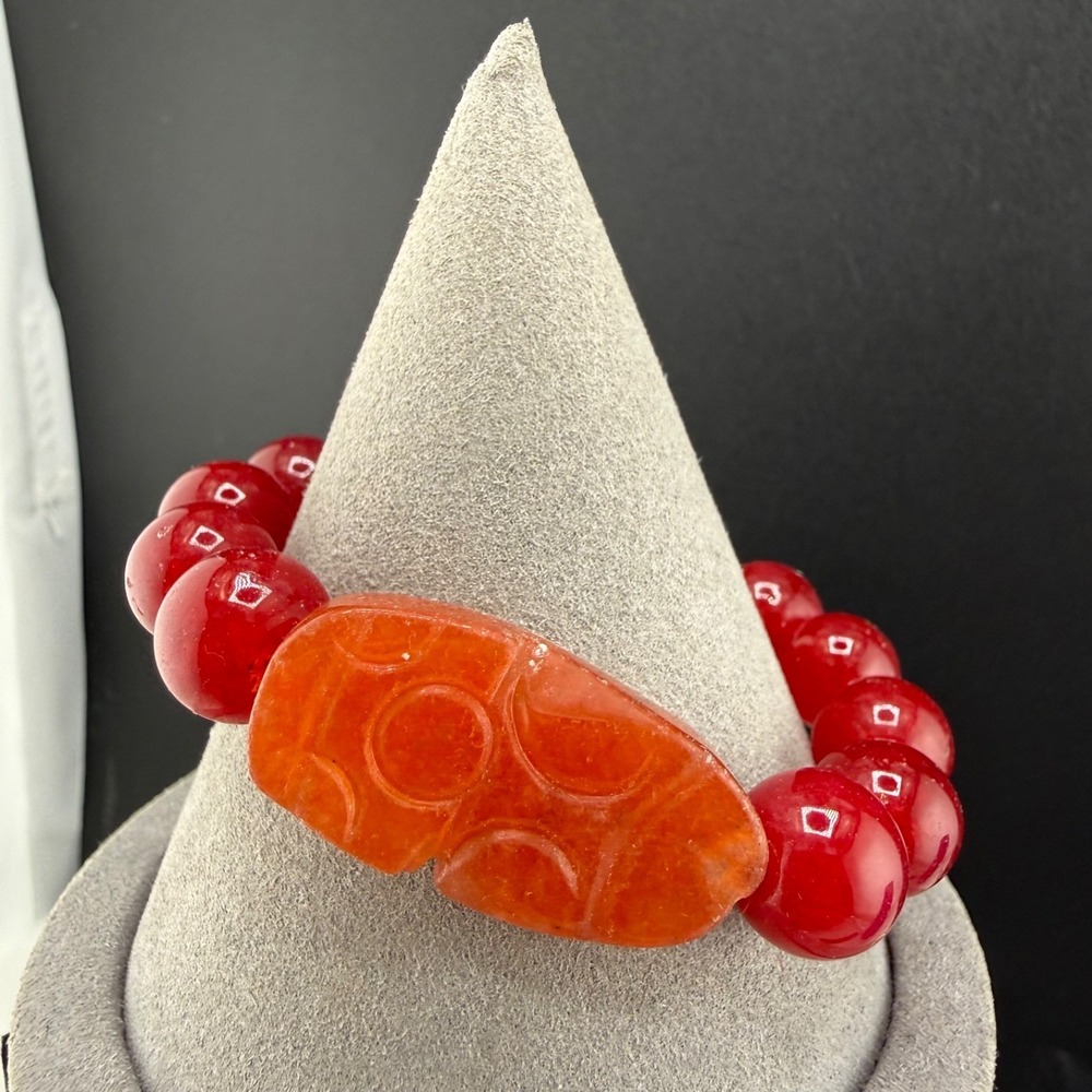 Chinese Polished Stone Bracelet Red Orange 6.5"‎